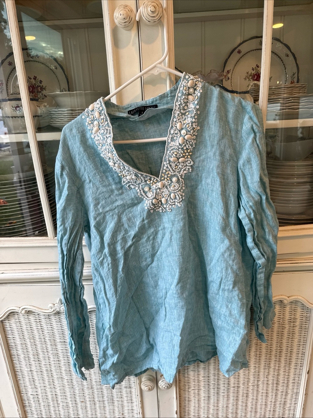 Lafayette 148 New York Light Blue Embellished V-Neck Linen Top